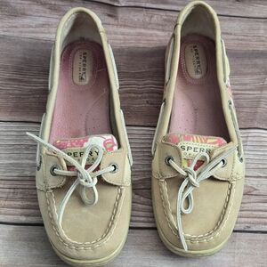 Sperry Tan Boat Shoes with Pink Accents